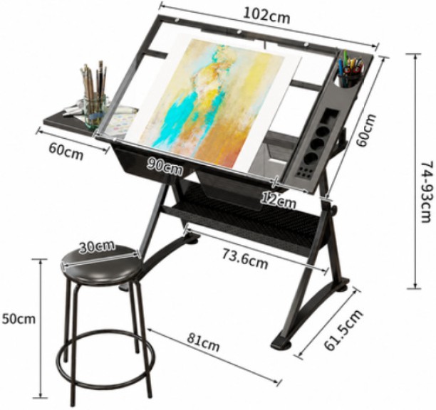 Innolife Glass Top Drawing Desk/Art Workstation Drafting Table with Storage & Stool Multipurpose Table – Black, Chair Included - Image 2