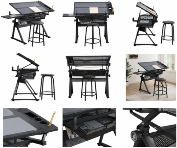 Innolife Glass Top Drawing Desk/Art Workstation Drafting Table with Storage & Stool Multipurpose Table – Black, Chair Included - Image 5