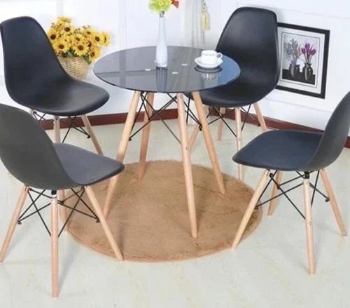 THE GREEN BLISS BOUTIQUE ROUND TABLE & 4 BEIGE CHAIRS Multipurpose Table – BLACK, WOODEN, Chair Included