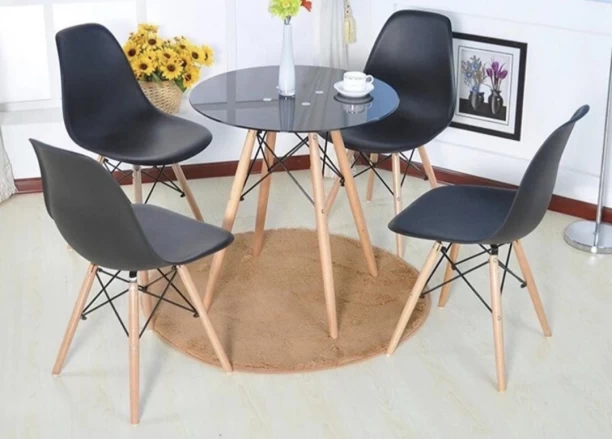 THE GREEN BLISS BOUTIQUE ROUND TABLE & 4 BEIGE CHAIRS Multipurpose Table – BLACK, WOODEN, Chair Included