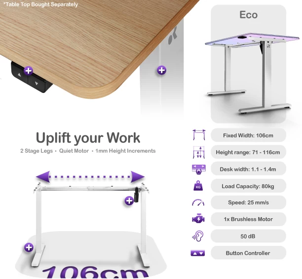 ORRO Eco Electric Standing Desk Frame - Quiet Motor, Ergonomic, Sit-stand Office Table – White - Image 2