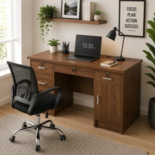 Generic Ergonomic Black Mesh Chair+ Engineered Wood Computer Desk – Dark Walnut Colour