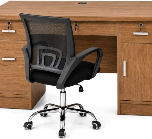 Generic Ergonomic Black Mesh Chair+ Engineered Wood Computer Desk – Light Walnut Color